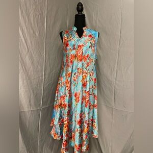Pineapple Sleeveless Floral Maxi Dress in Aqua with Coral Blooms Silk Blend